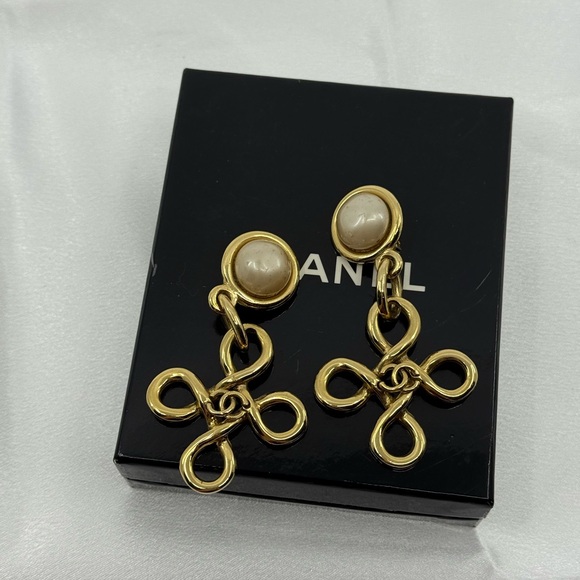 CHANEL Vintage Gold CC Cross Pearl Dangle Clip On Earrings